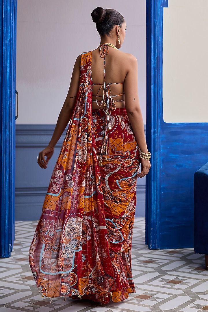 Rust Crepe Mosaic Printed Pre-Draped Wedding Saree Set by DiyaRajvvir at Pernia's Pop Up Shop