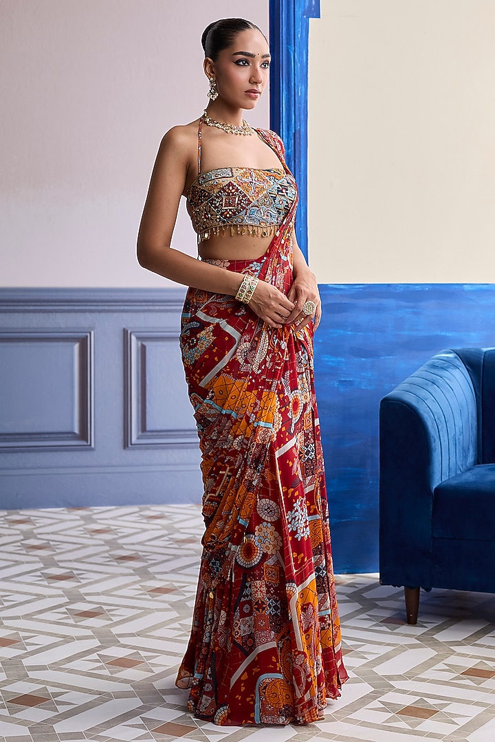 Rust Crepe Mosaic Printed Pre-Draped Wedding Saree Set by DiyaRajvvir at Pernia's Pop Up Shop