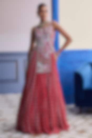 Red Crepe & Georgette Floral Printed Wedding Lehenga Set by DiyaRajvvir at Pernia's Pop Up Shop