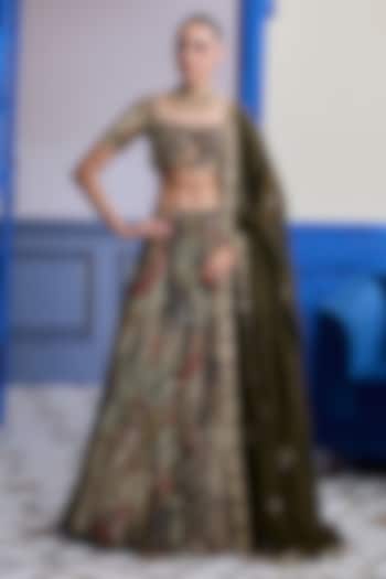 Olive Dola Silk Printed Wedding Lehenga Set by DiyaRajvvir at Pernia's Pop Up Shop