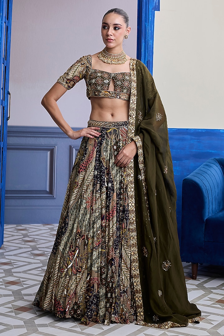 Olive Dola Silk Printed Wedding Lehenga Set by DiyaRajvvir at Pernia's Pop Up Shop