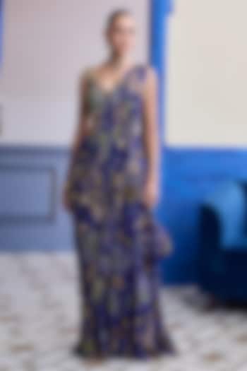 Violet Crepe Mosaic Printed Draped Sharara Wedding Saree Set by DiyaRajvvir at Pernia's Pop Up Shop