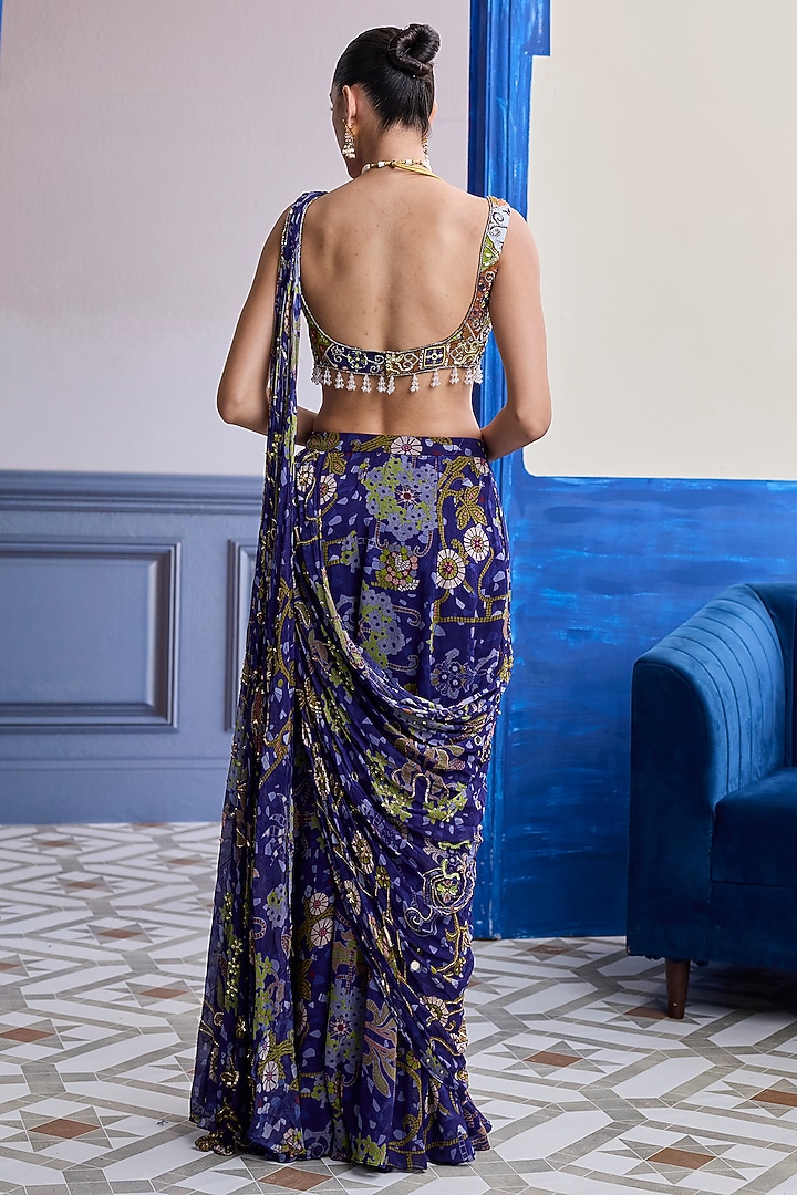 Violet Crepe Mosaic Printed Draped Sharara Wedding Saree Set by DiyaRajvvir at Pernia's Pop Up Shop