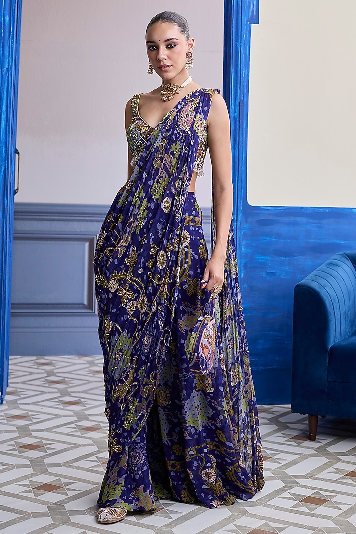 Violet Crepe Mosaic Printed Draped Sharara Wedding Saree Set by DiyaRajvvir at Pernia's Pop Up Shop