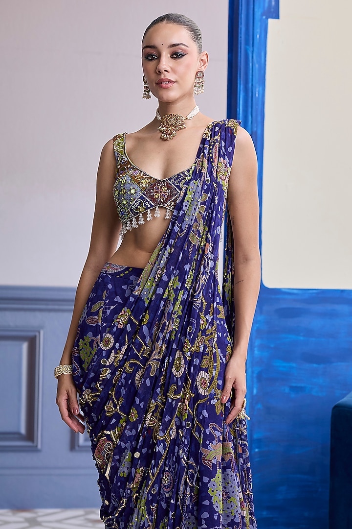 Violet Crepe Mosaic Printed Draped Sharara Wedding Saree Set by DiyaRajvvir at Pernia's Pop Up Shop