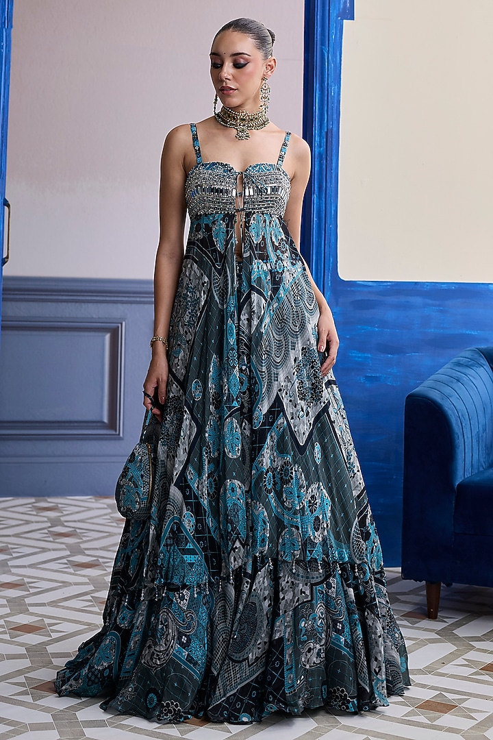 Teal Net & Organza Mosaic Printed Wedding Lehenga Set by DiyaRajvvir at Pernia's Pop Up Shop