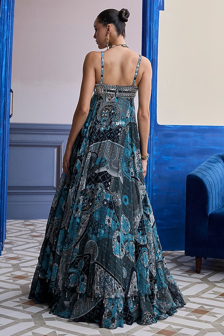 Teal Net & Organza Mosaic Printed Wedding Lehenga Set by DiyaRajvvir at Pernia's Pop Up Shop