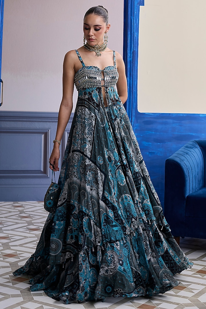 Teal Net & Organza Mosaic Printed Wedding Lehenga Set by DiyaRajvvir at Pernia's Pop Up Shop