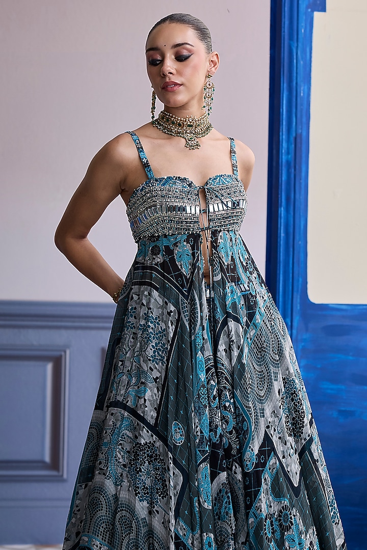 Teal Net & Organza Mosaic Printed Wedding Lehenga Set by DiyaRajvvir at Pernia's Pop Up Shop