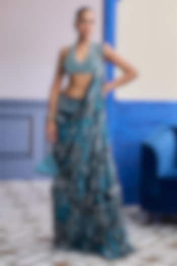Teal Net & Crepe Mosaic Printed Tiered Skirt Wedding Saree Set by DiyaRajvvir at Pernia's Pop Up Shop