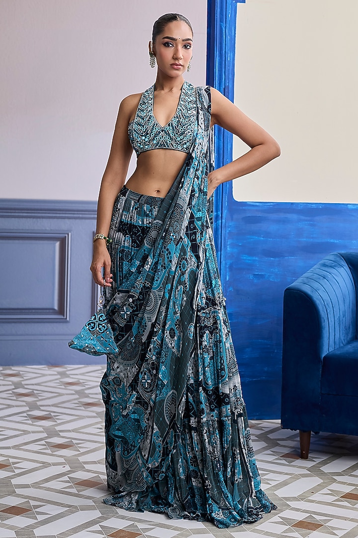 Teal Net & Crepe Mosaic Printed Tiered Skirt Wedding Saree Set by DiyaRajvvir at Pernia's Pop Up Shop
