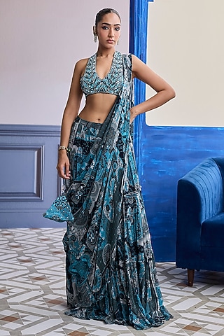 Teal Net & Crepe Mosaic Printed Tiered Skirt Saree Set by DiyaRajvvir