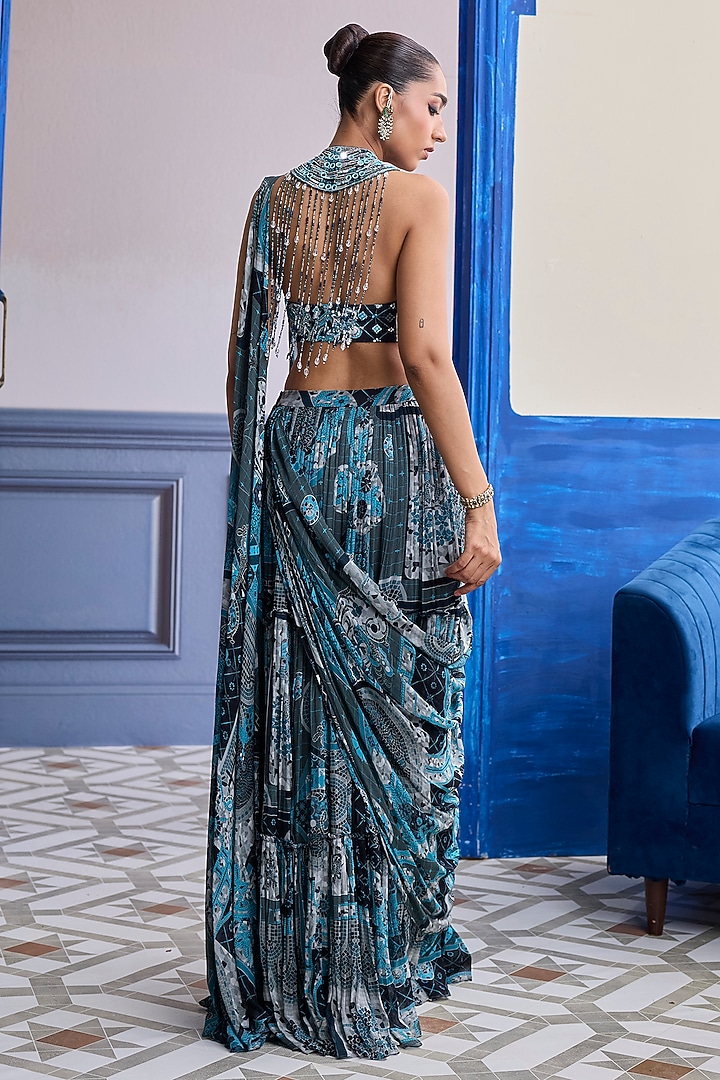 Teal Net & Crepe Mosaic Printed Tiered Skirt Wedding Saree Set by DiyaRajvvir at Pernia's Pop Up Shop