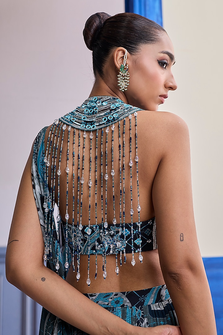 Teal Net & Crepe Mosaic Printed Tiered Skirt Wedding Saree Set by DiyaRajvvir at Pernia's Pop Up Shop