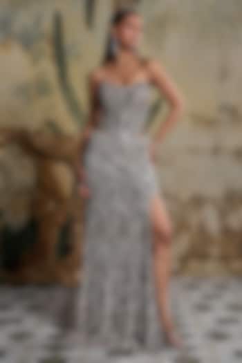 Silver Tulle Acrylic Embroidered Slit Maxi Skirt Set by DiyaRajvvir at Pernia's Pop Up Shop