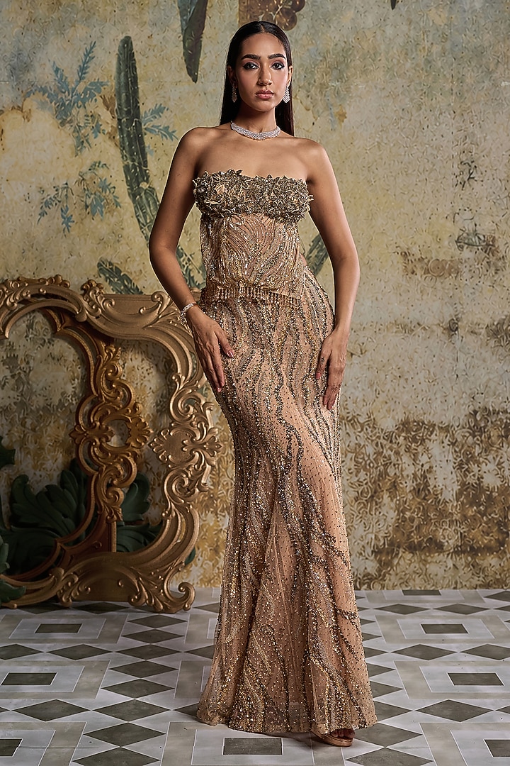 Gold Tulle Embellished Maxi Skirt Set by DiyaRajvvir at Pernia's Pop Up Shop