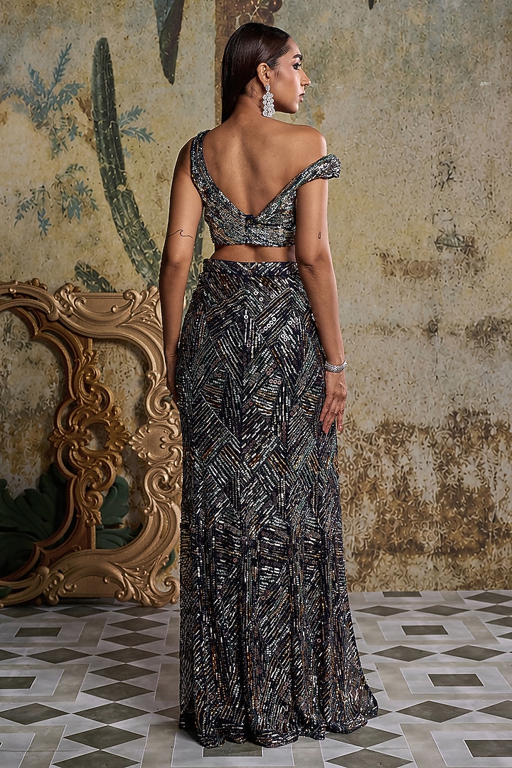 Midnight Blue Tulle Embellished Slit Maxi Skirt Set by DiyaRajvvir at Pernia's Pop Up Shop