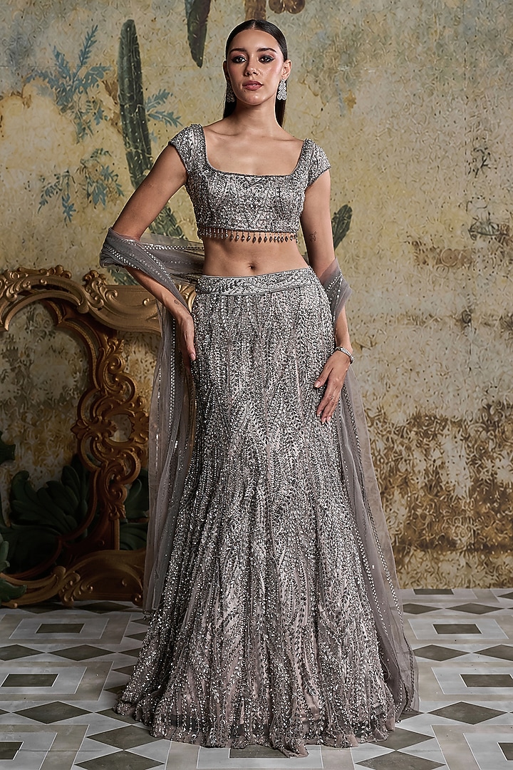 Grey Gunmetal Tulle Embellished Mermaid Skirt Set by DiyaRajvvir at Pernia's Pop Up Shop
