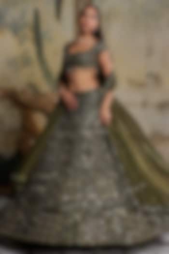 Algae Green Tulle & Organza Mirror Embroidered Bridal Lehenga Set by DiyaRajvvir at Pernia's Pop Up Shop