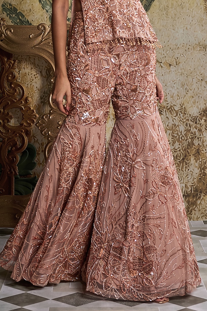 Rose Gold Tulle Abstract Floral Embellished Kurta Set by DiyaRajvvir at Pernia's Pop Up Shop