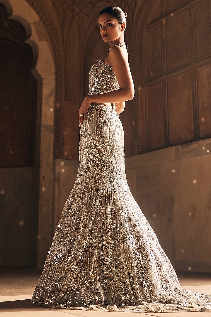 Silver Tulle Mirror Embellished Trail Mermaid Skirt Set by DiyaRajvvir at Pernia's Pop Up Shop