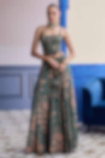 Teal Crepe Floral Printed Slit Skirt Set by Diyarajvvir at Pernia's Pop Up Shop