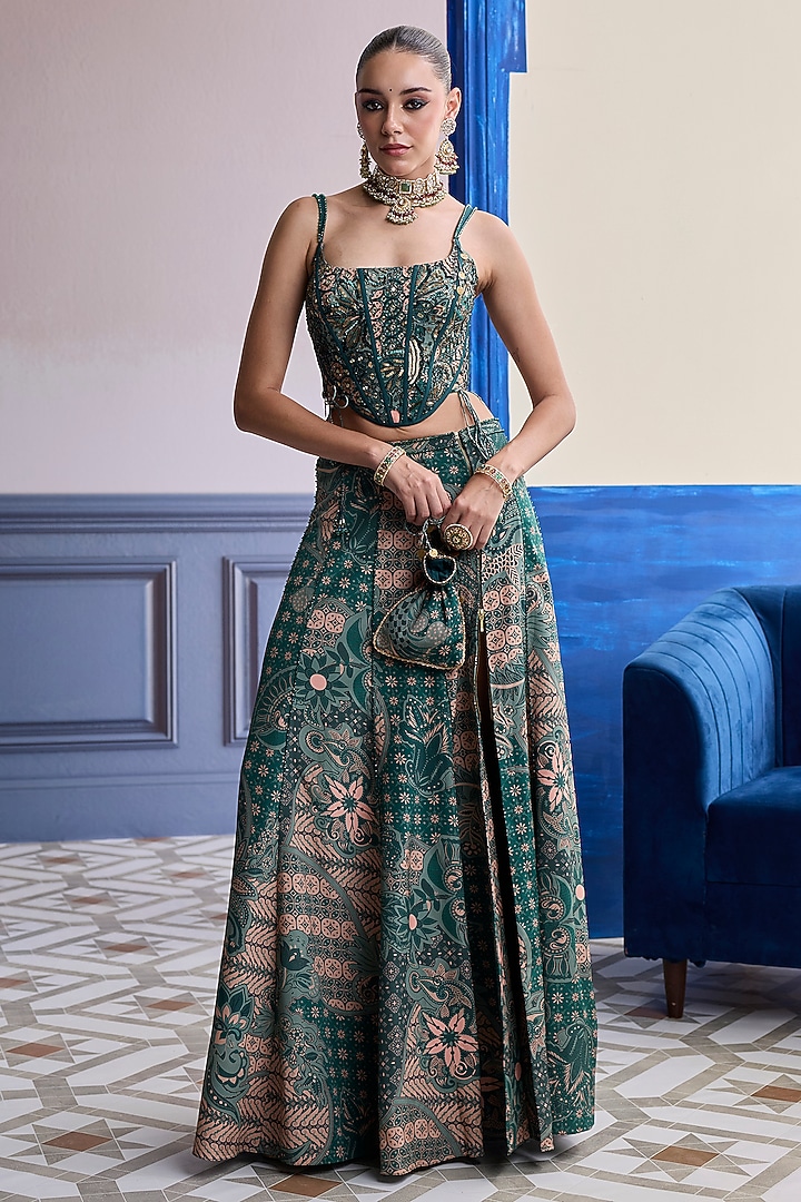 Teal Crepe Floral Printed Slit Skirt Set by Diyarajvvir at Pernia's Pop Up Shop