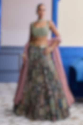 Earthy Green Net & Organza Printed Wedding Lehenga Set by DiyaRajvvir at Pernia's Pop Up Shop