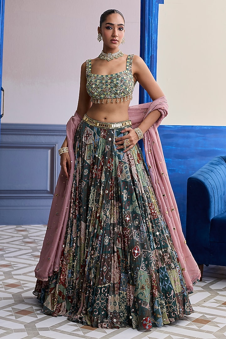 Earthy Green Net & Organza Printed Wedding Lehenga Set by DiyaRajvvir at Pernia's Pop Up Shop
