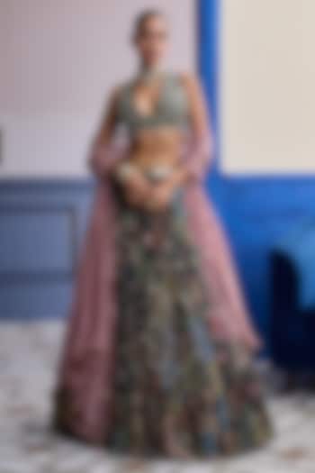 Earthy Green Net Boota Printed Wedding Lehenga Set by DiyaRajvvir at Pernia's Pop Up Shop