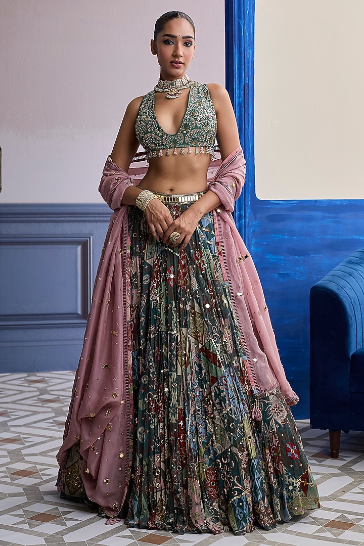 Earthy Green Net Boota Printed Wedding Lehenga Set by DiyaRajvvir at Pernia's Pop Up Shop