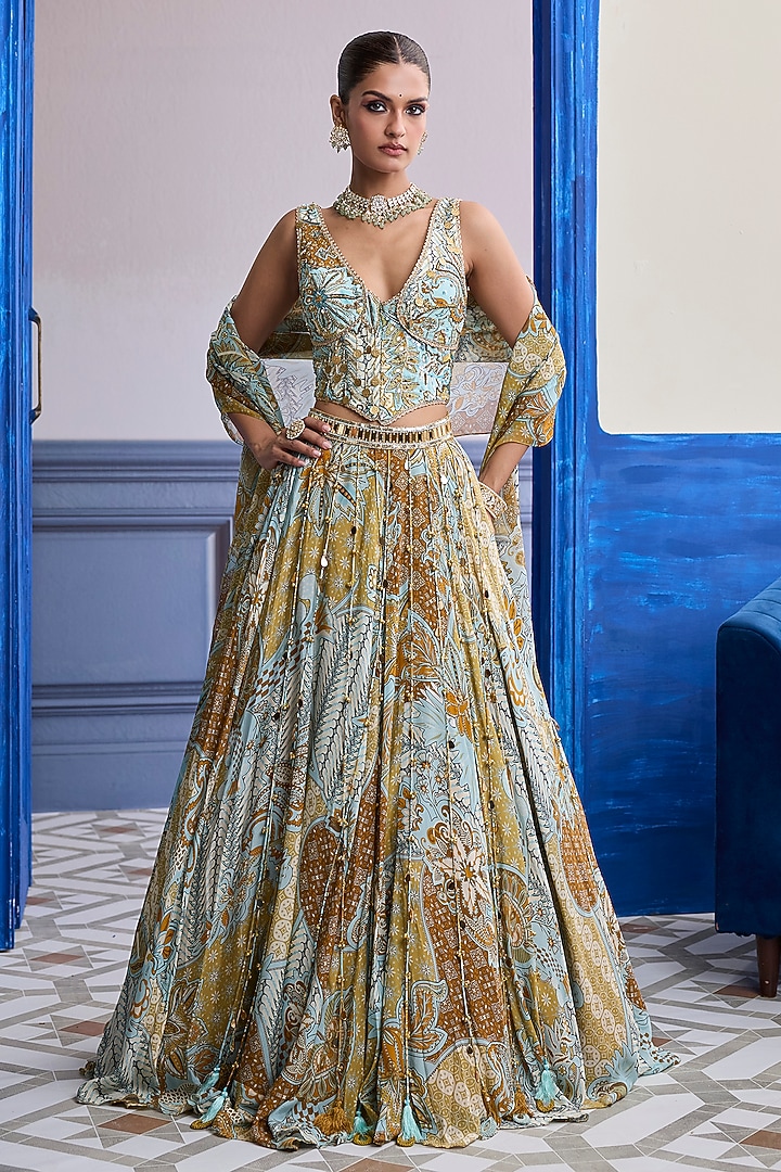 Yellow Organza & Crepe Floral Printed Wedding Lehenga Set by DiyaRajvvir at Pernia's Pop Up Shop