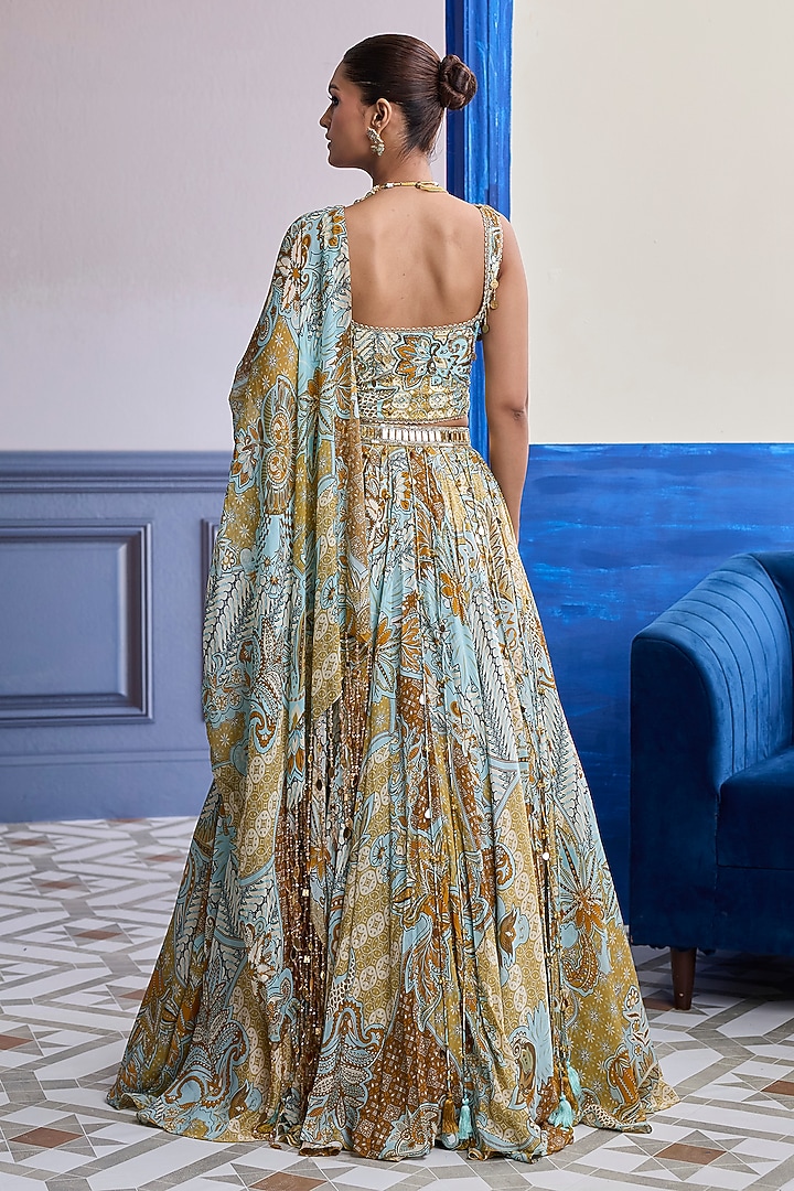 Yellow Organza & Crepe Floral Printed Wedding Lehenga Set by DiyaRajvvir at Pernia's Pop Up Shop