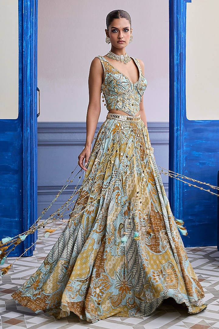 Yellow Organza & Crepe Floral Printed Wedding Lehenga Set by DiyaRajvvir at Pernia's Pop Up Shop
