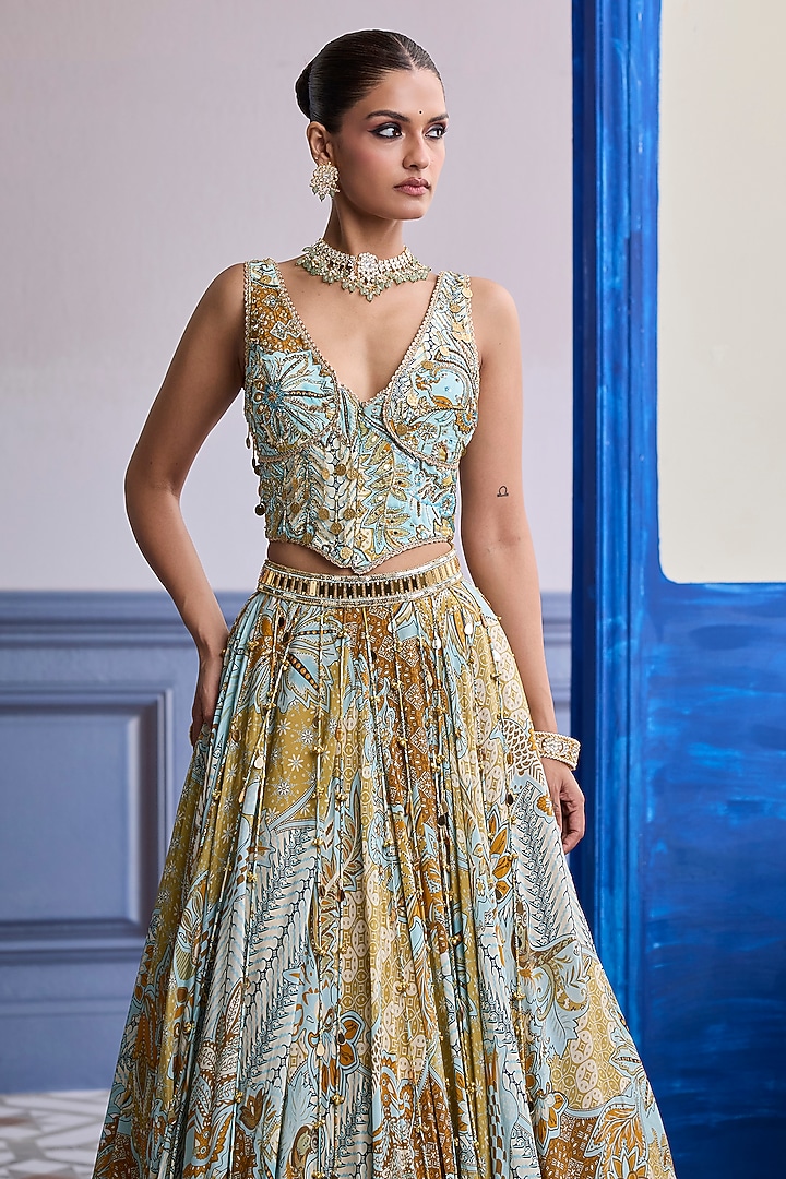 Yellow Organza & Crepe Floral Printed Wedding Lehenga Set by DiyaRajvvir at Pernia's Pop Up Shop