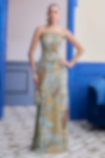 Yellow Crepe Printed Mermaid Skirt Wedding Saree Set by DiyaRajvvir at Pernia's Pop Up Shop