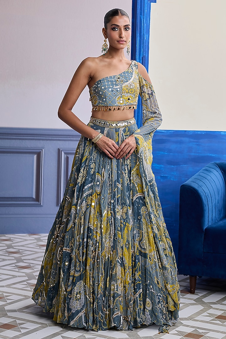 Grey Crepe & Georgette Mosaic Printed Wedding Lehenga Set by DiyaRajvvir at Pernia's Pop Up Shop