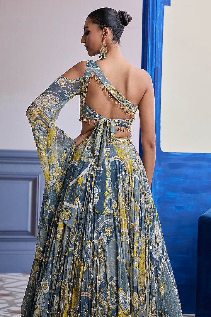 Grey Crepe & Georgette Mosaic Printed Wedding Lehenga Set by DiyaRajvvir at Pernia's Pop Up Shop