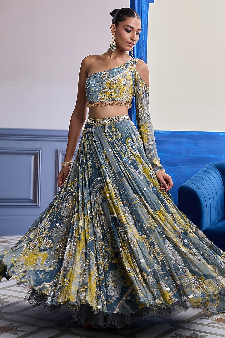 Grey Crepe & Georgette Mosaic Printed Wedding Lehenga Set by DiyaRajvvir at Pernia's Pop Up Shop