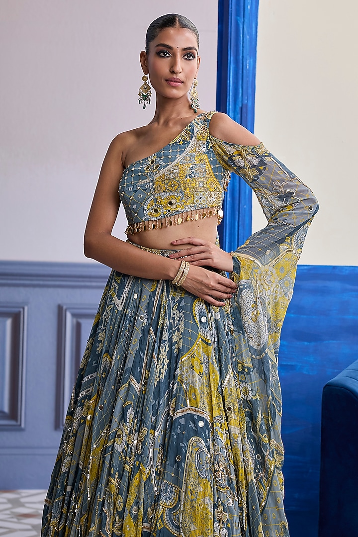 Grey Crepe & Georgette Mosaic Printed Wedding Lehenga Set by DiyaRajvvir at Pernia's Pop Up Shop