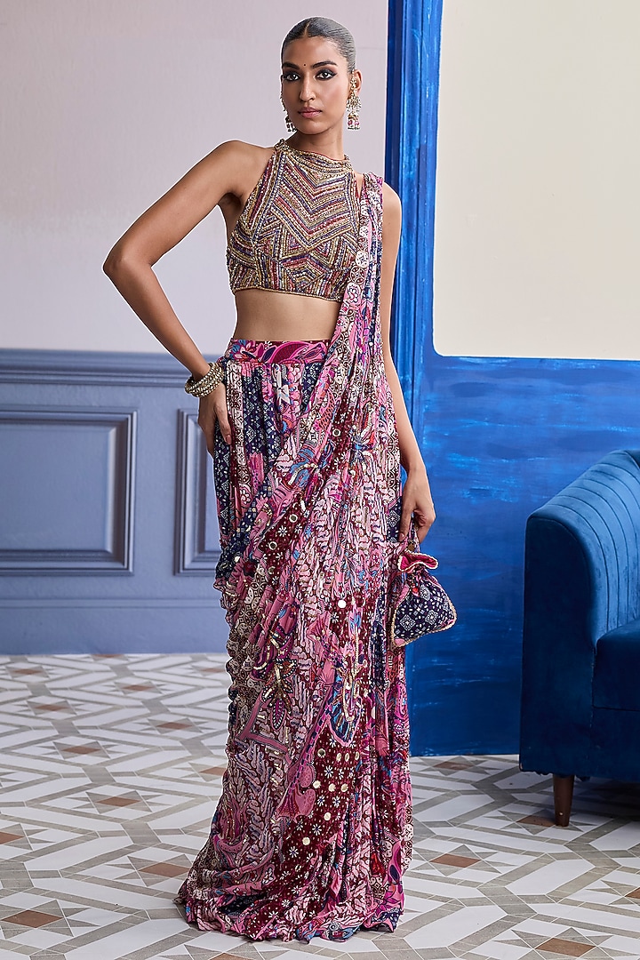 Fuchsia Georgette Floral Printed Tiered Skirt Wedding Saree Set by DiyaRajvvir at Pernia's Pop Up Shop