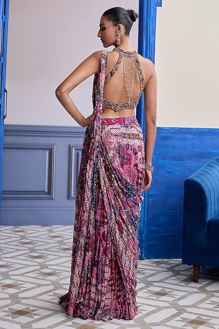 Fuchsia Georgette Floral Printed Tiered Skirt Wedding Saree Set by DiyaRajvvir at Pernia's Pop Up Shop