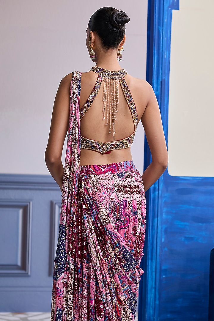Fuchsia Georgette Floral Printed Tiered Skirt Wedding Saree Set by DiyaRajvvir at Pernia's Pop Up Shop