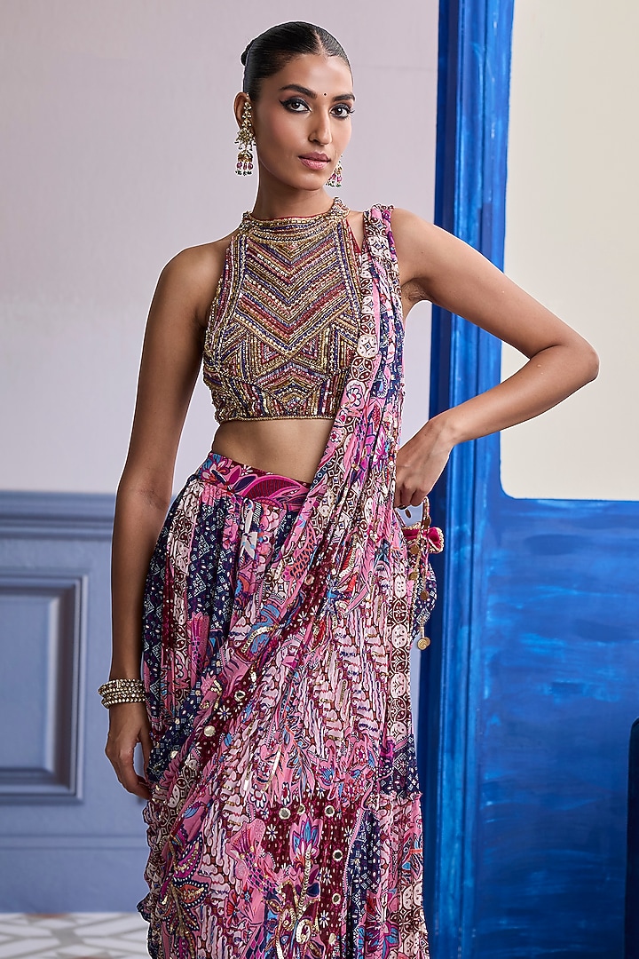 Fuchsia Georgette Floral Printed Tiered Skirt Wedding Saree Set by DiyaRajvvir at Pernia's Pop Up Shop