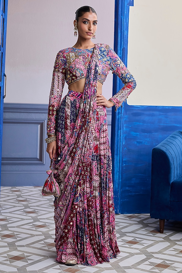 Fuchsia Crepe Floral Printed Tiered Skirt Wedding Saree Set by DiyaRajvvir at Pernia's Pop Up Shop