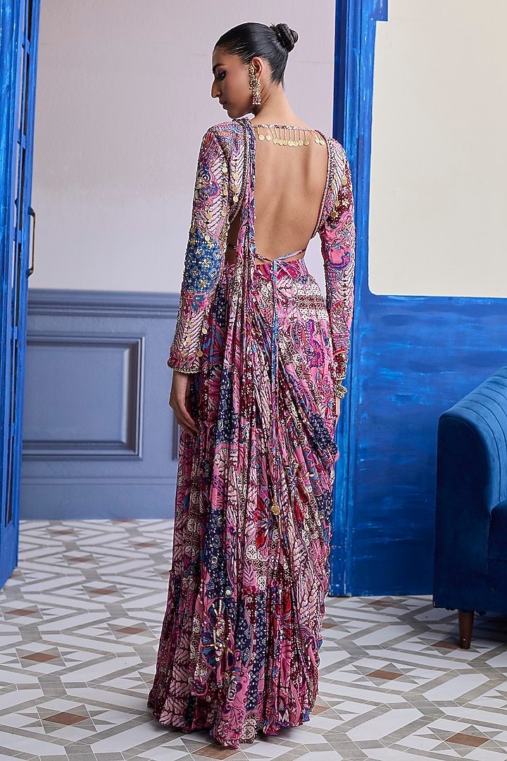Fuchsia Crepe Floral Printed Tiered Skirt Wedding Saree Set by DiyaRajvvir at Pernia's Pop Up Shop