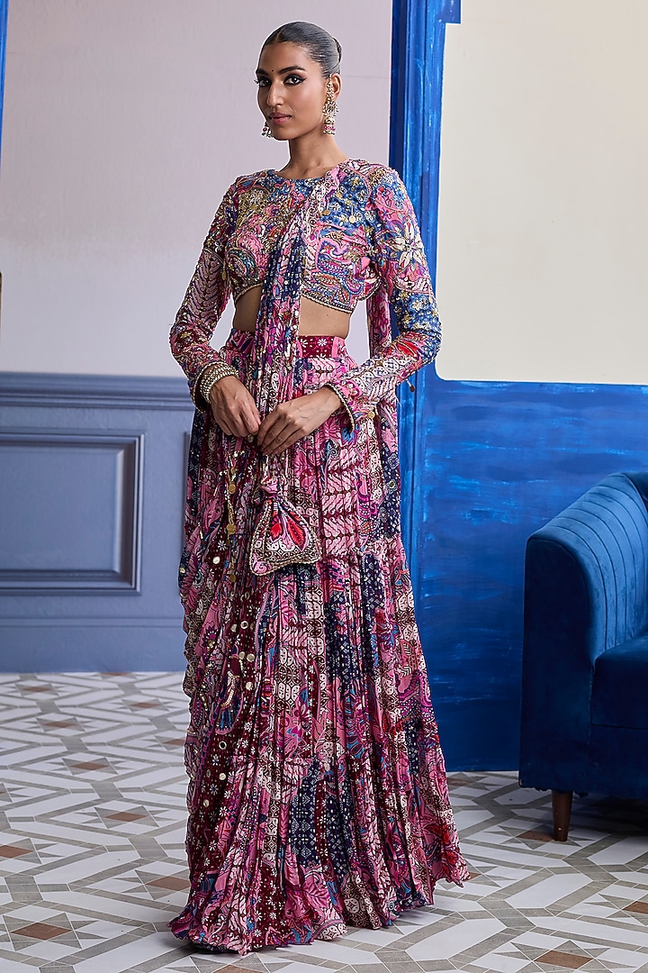Fuchsia Crepe Floral Printed Tiered Skirt Wedding Saree Set by DiyaRajvvir at Pernia's Pop Up Shop