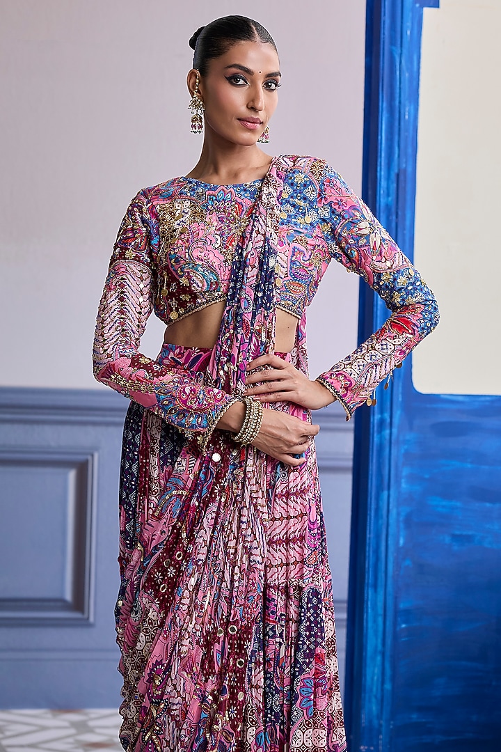 Fuchsia Crepe Floral Printed Tiered Skirt Wedding Saree Set by DiyaRajvvir at Pernia's Pop Up Shop