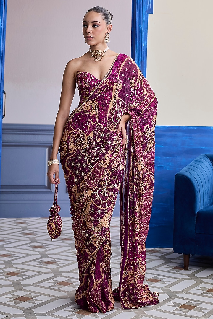 Magenta Georgette Floral Printed Draped Skirt Wedding Saree Set by DiyaRajvvir at Pernia's Pop Up Shop