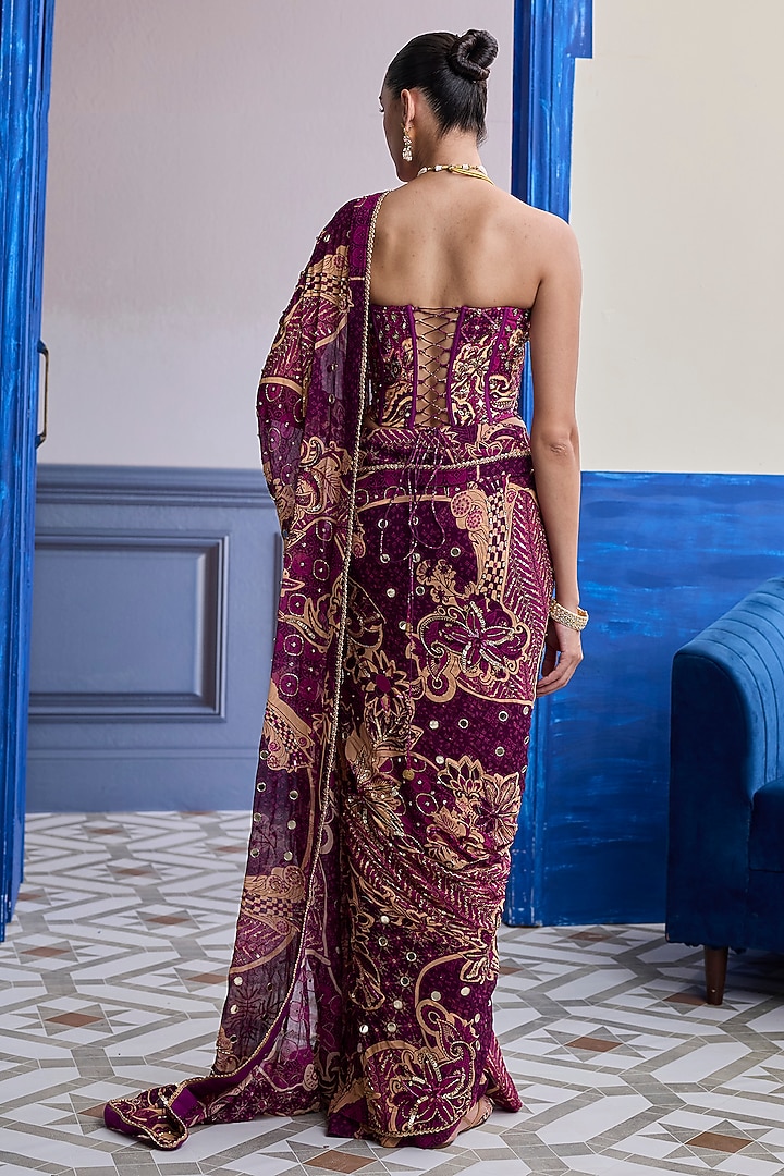 Magenta Georgette Floral Printed Draped Skirt Wedding Saree Set by DiyaRajvvir at Pernia's Pop Up Shop